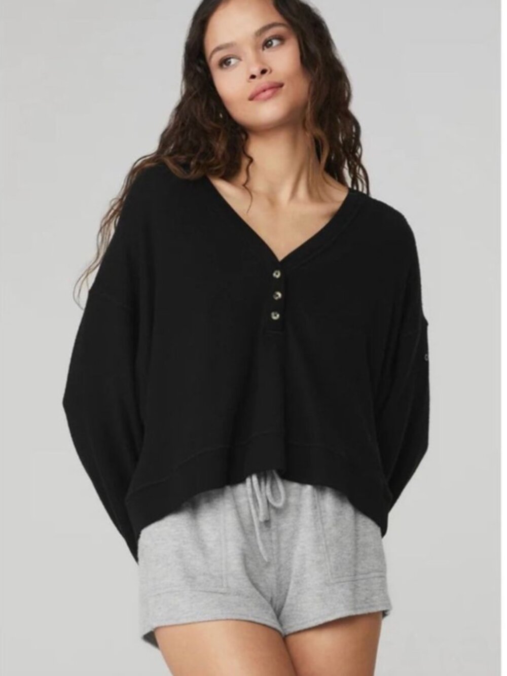 Alo Yoga Black Soho Cropped Pullover Henley Top